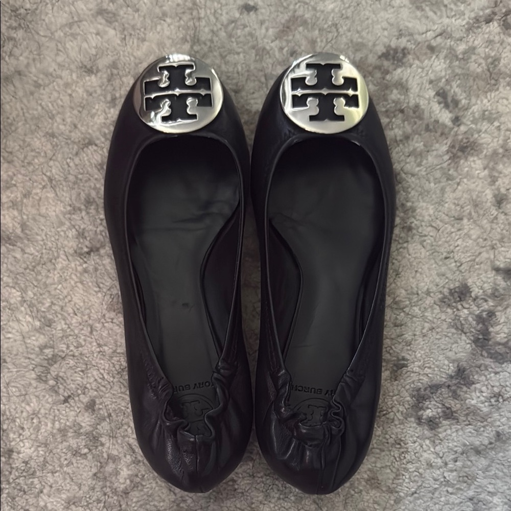 Tory Burch Black and Silver Ballet Flats with Iconic Logo